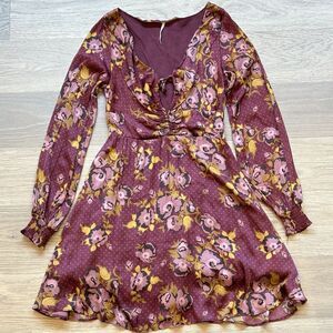 Free People Dress Women 8 Peasant Boho Floral Polka Keyhole Lantern Sleeve